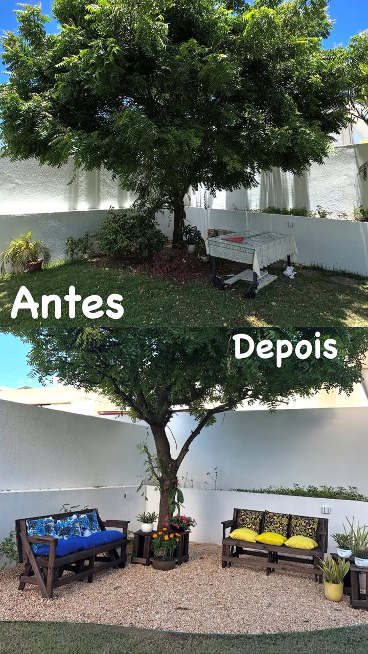 Antes e depois de jardim com árvore