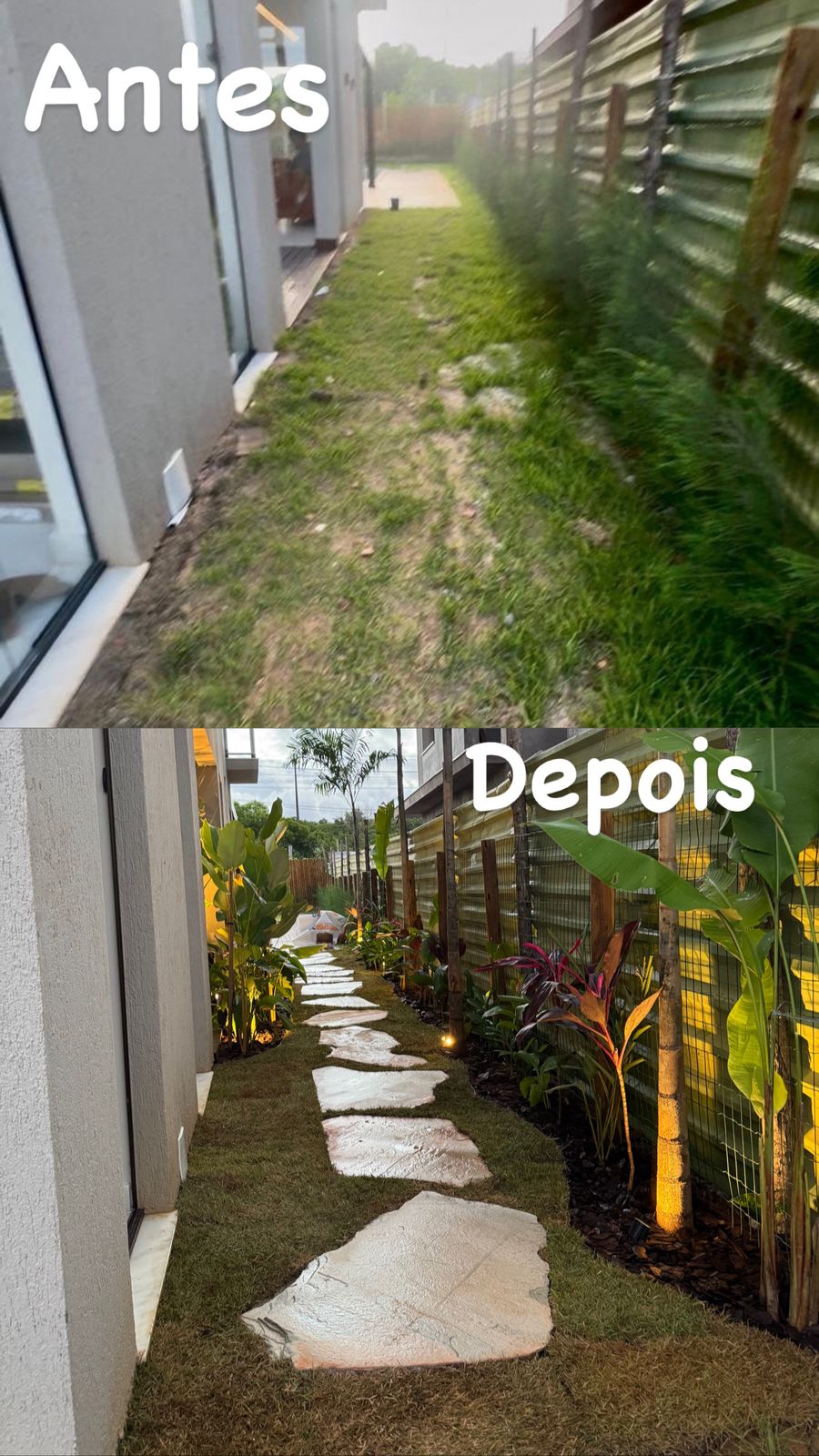 Antes e depois de corredor lateral com pisantes